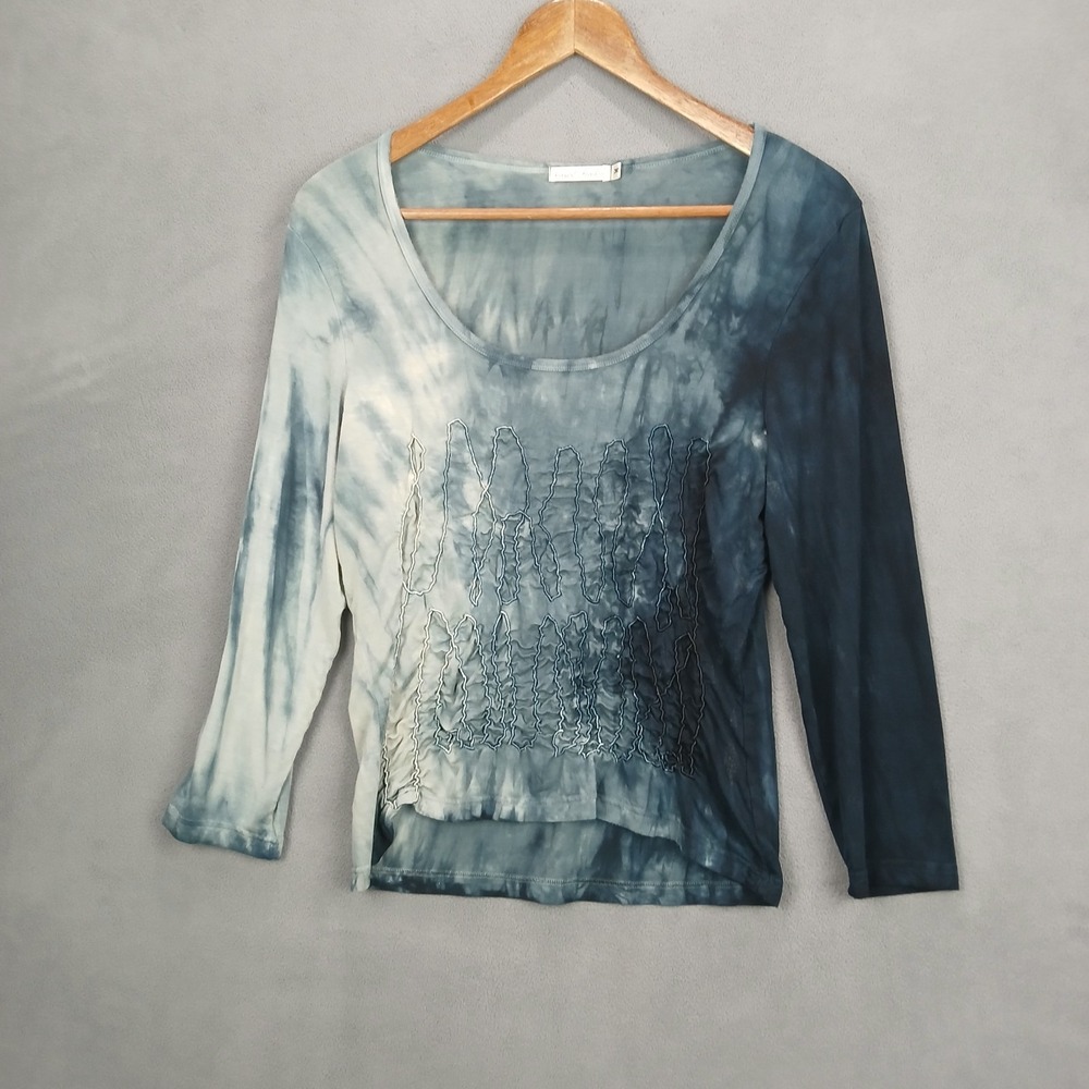 Casual Freedom Blouse Top Womens Medium Blue White Tie Dye Ruched Detail Modern